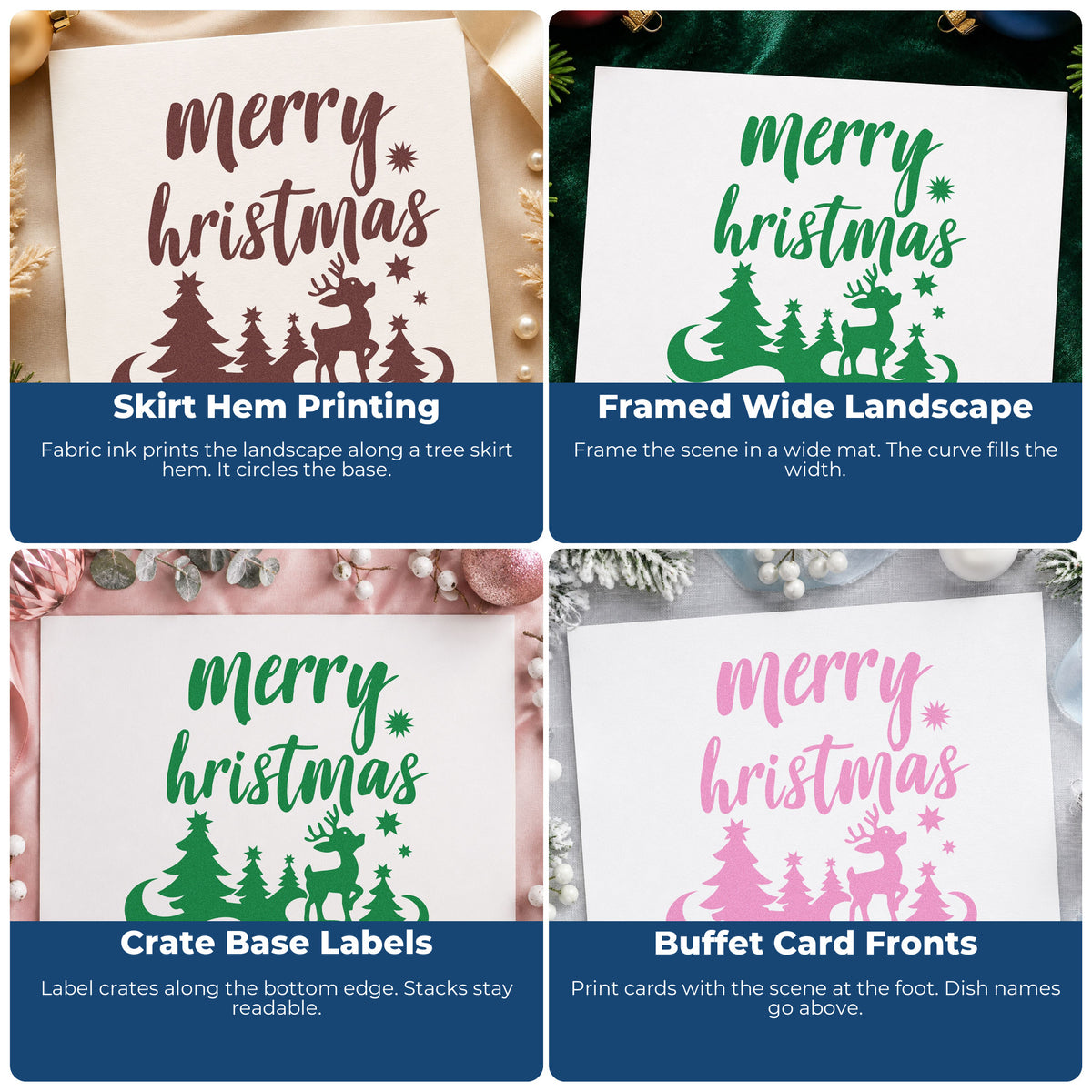 Christmas rubber stamp collage showing holiday designs for envelope decoration, cookie exchange labels, scrapbooks, and DIY candles.