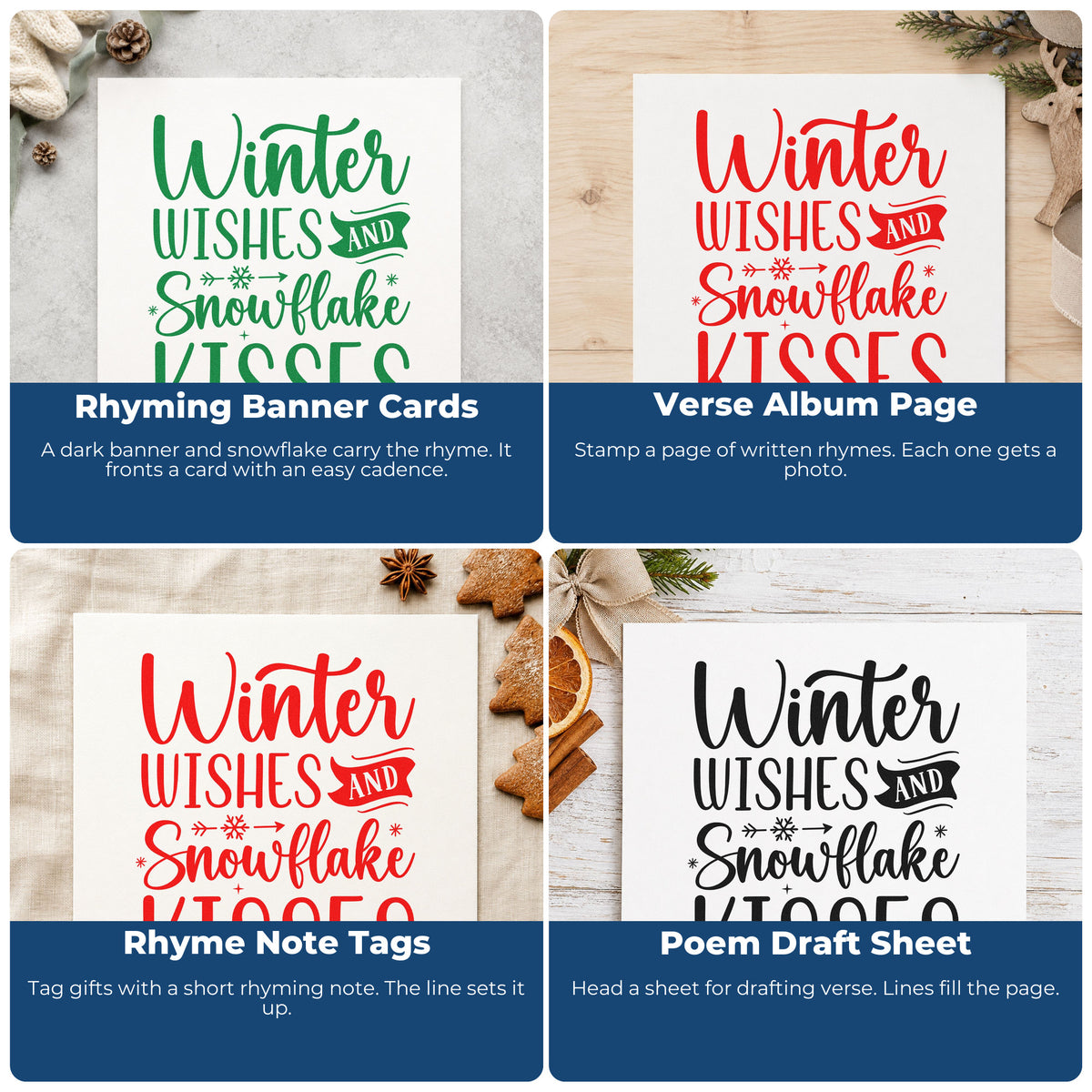 Four ways to use the Winter Wishes Snowflake Kisses PSI Pre-Inked Stamp: rhyming banner cards, verse album page, rhyme note tags and poem draft sheet.