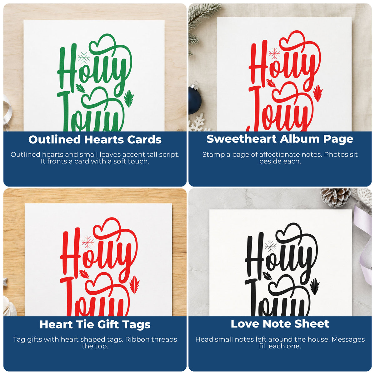 Four ways to use the Holly Jolly Heart Accents Slim Pre-Inked Stamp: outlined hearts cards, sweetheart album page, heart tie gift tags and love note sheet.