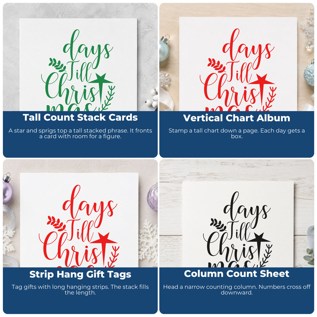 Christmas rubber stamp ideas for wrapping paper, cards, advent calendars, and ornaments with festive holiday designs.