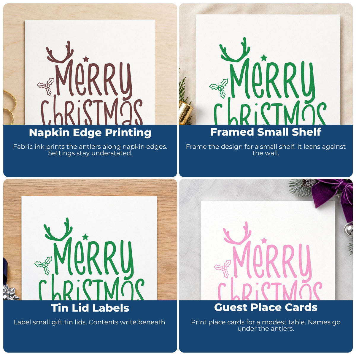Four ways to use the Self-Inking Merry Christmas Antlers Holly Stamp: napkin edge printing, framed small shelf, tin lid labels and guest place cards.