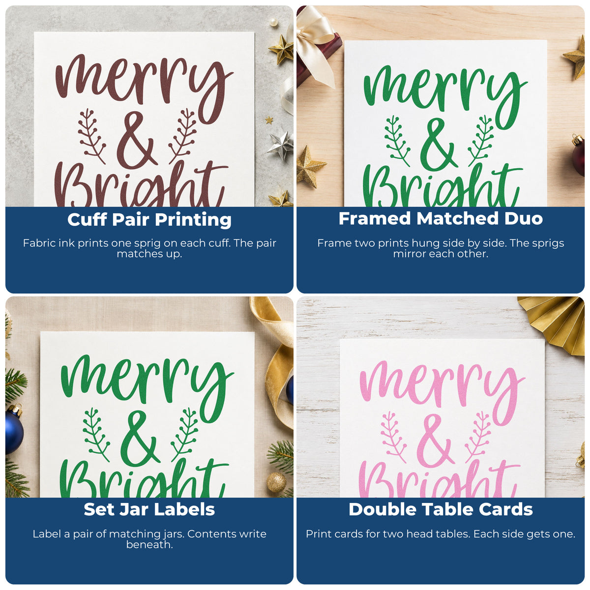 Four ways to use the Merry And Bright Leafy Sprigs Script Lettering Rubber Stamp – Duo Hand: cuff pair printing, framed matched duo, set jar labels and double table cards.