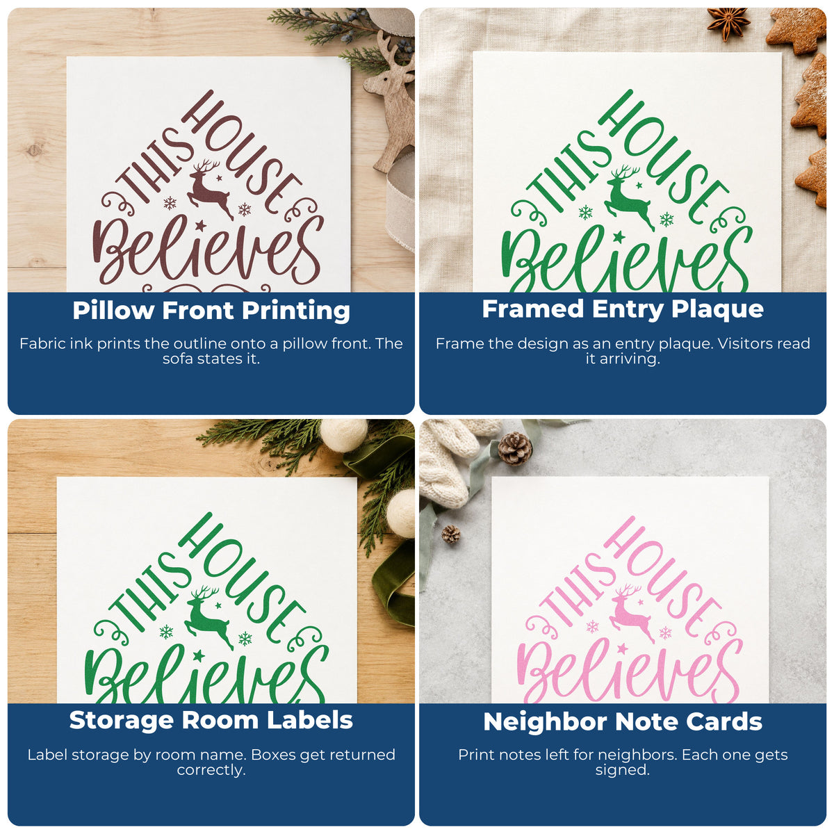 Holiday rubber stamp ideas for envelope decoration, cookie exchange labels, scrapbooks, and DIY candles with Christmas designs.