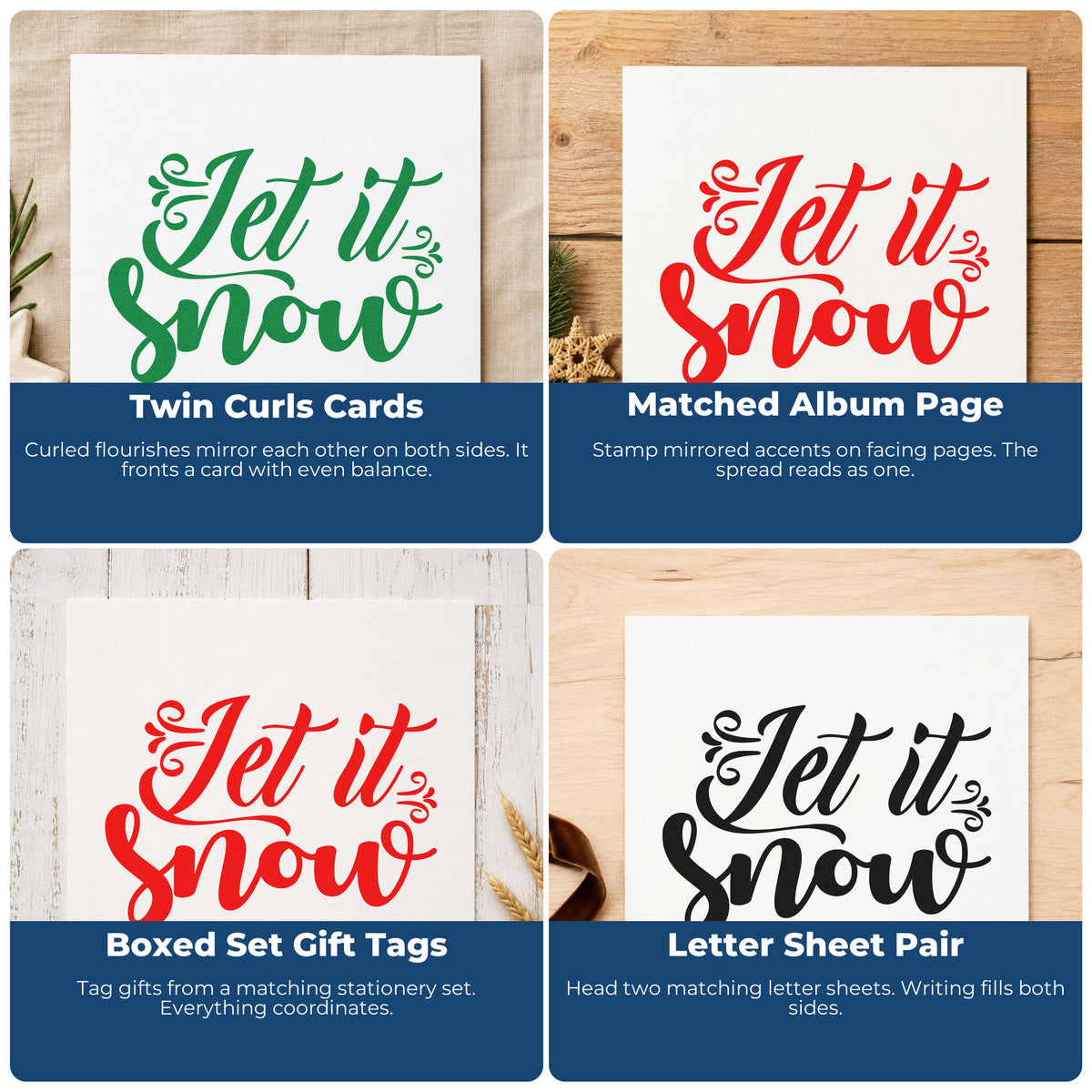 Four ways to use the Let It Snow Decorative Script PSI Pre-Inked Stamp: twin curls cards, matched album page, boxed set gift tags and letter sheet pair.
