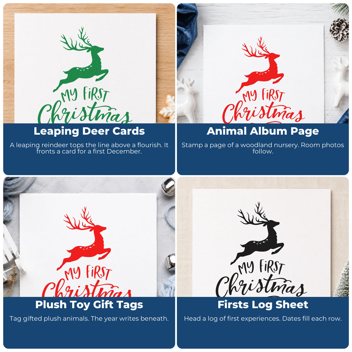 Four ways to use the My First Christmas Reindeer Slim Pre-Inked Stamp: leaping deer cards, animal album page, plush toy gift tags and firsts log sheet.