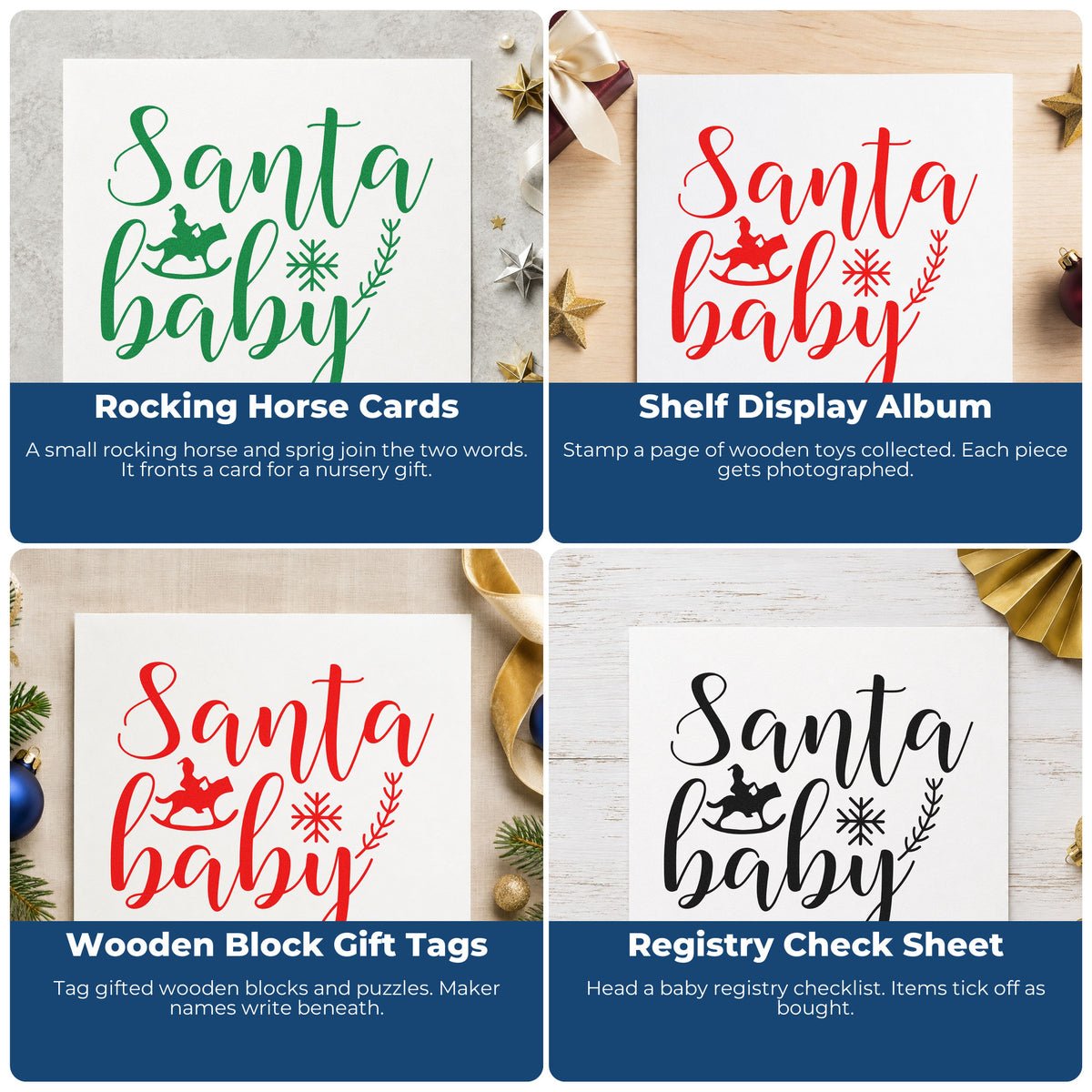 Four ways to use the Santa Baby Rocking Horse Botanical Sprig Stamp - Premium Vintage Pro Wooden: rocking horse cards, shelf display album, wooden block gift tags and registry check sheet.
