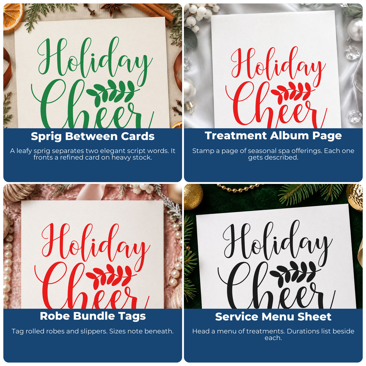 Four ways to use the Holiday Cheer Leafy Sprig Wood Handle Stamp: sprig between cards, treatment album page, robe bundle tags and service menu sheet.