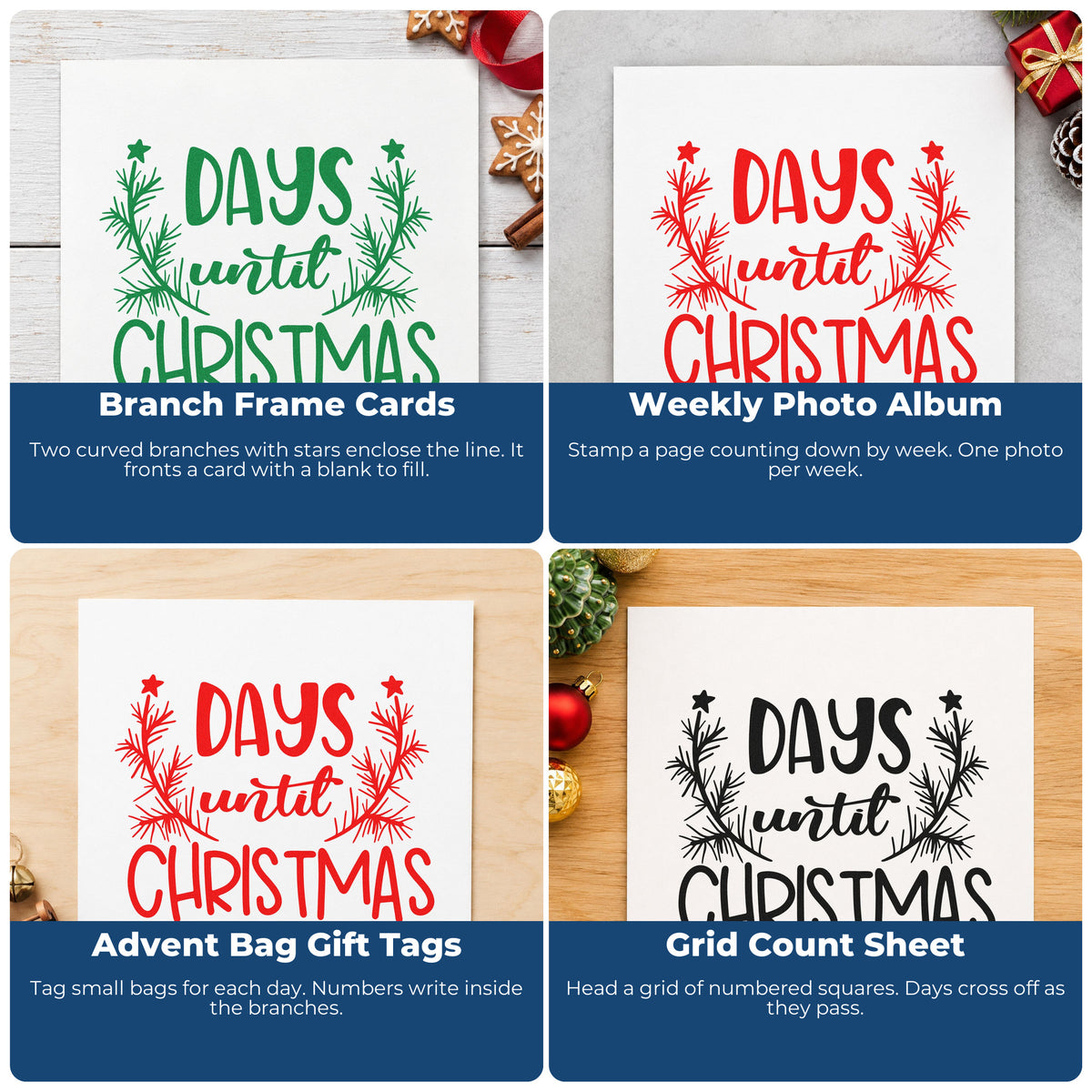 Four ways to use the Days Until Christmas Branches Wood Handle Stamp: branch frame cards, weekly photo album, advent bag gift tags and grid count sheet.