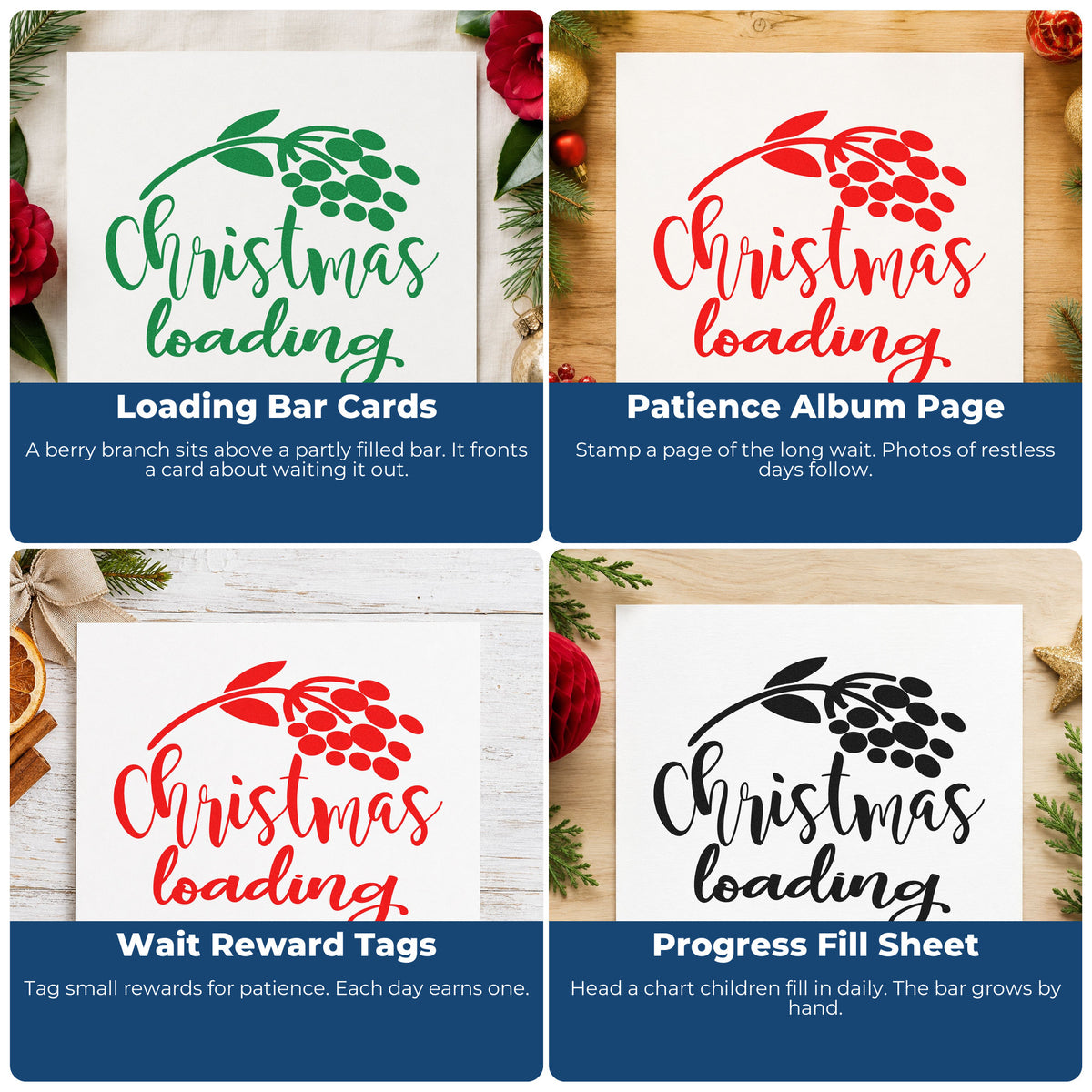 Four ways to use the Christmas Loading Berry Branch Rubber Stamp – Duo Hand: loading bar cards, patience album page, wait reward tags and progress fill sheet.