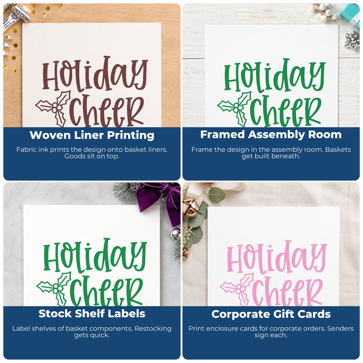 Four ways to use the Holiday Cheer Holly Outline Detail Stamp – Slim Pre-Inked: woven liner printing, framed assembly room, stock shelf labels and corporate gift cards.