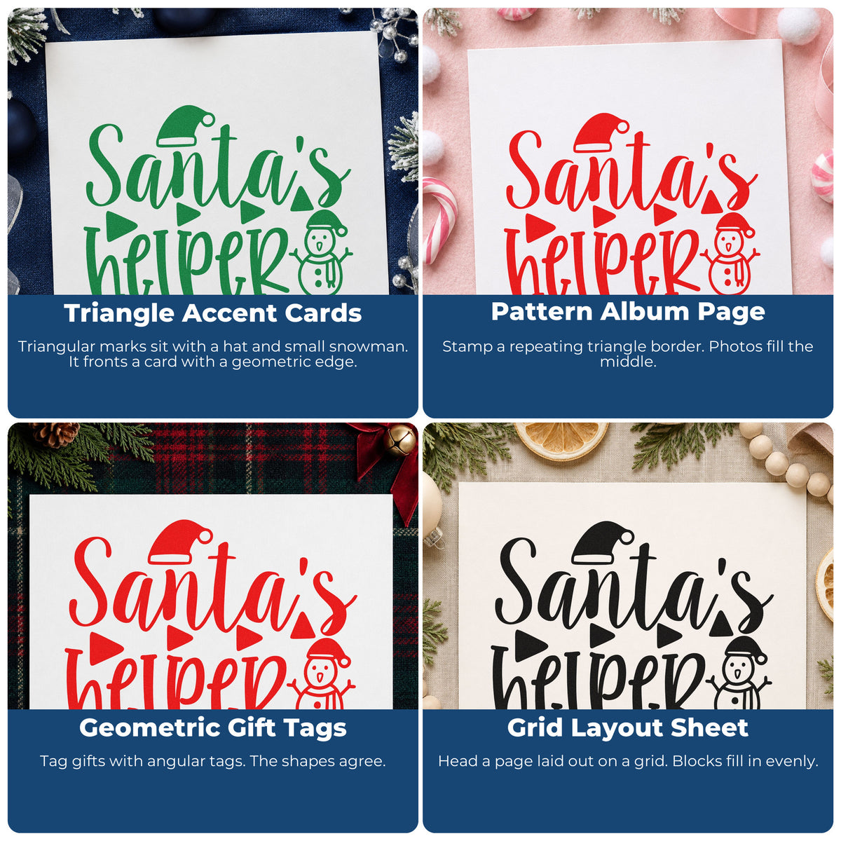 Christmas rubber stamp ideas for wrapping paper, greeting cards, advent calendars, and DIY Christmas ornaments.