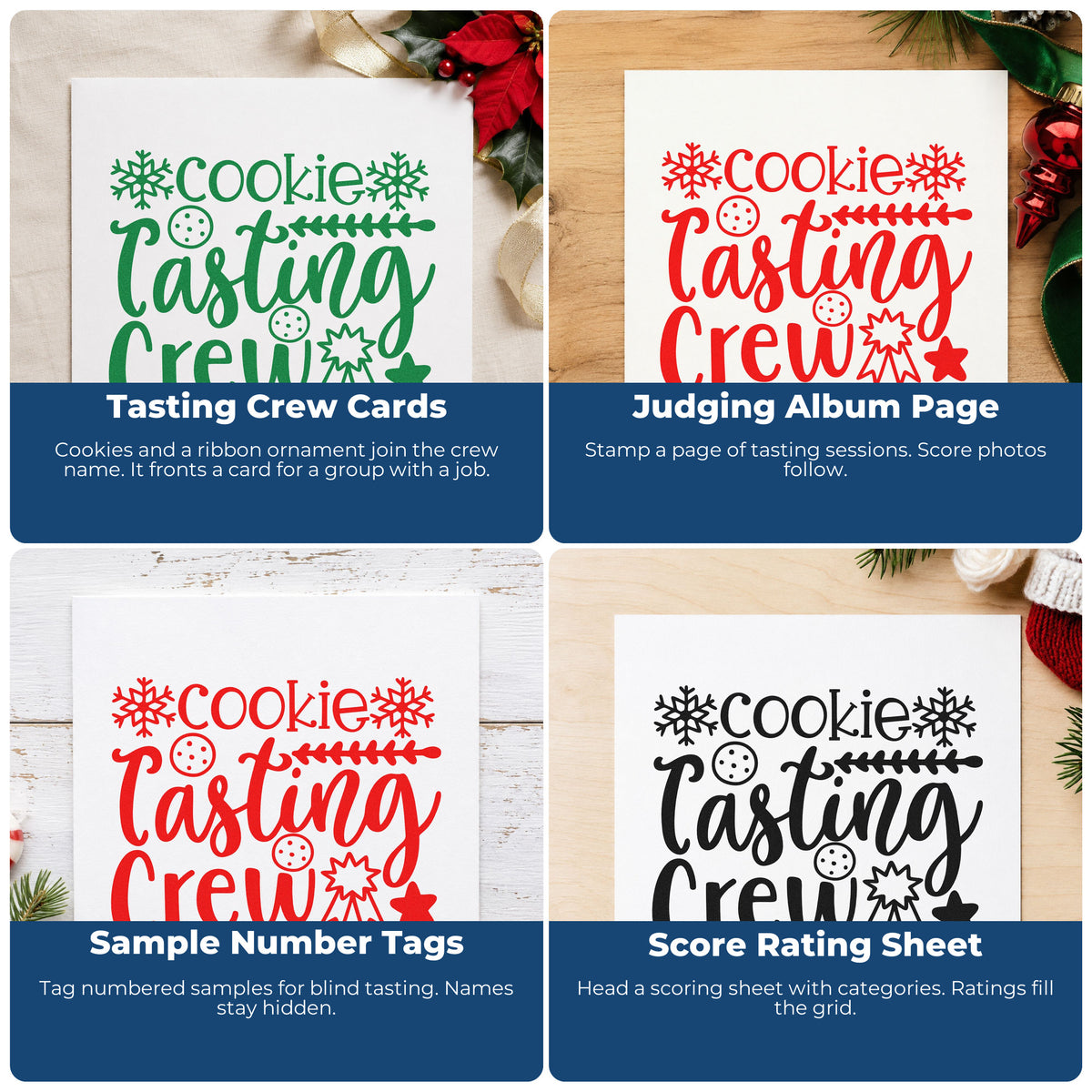 Four ways to use the Cookie Tasting Crew Stamp – Wood Handle: tasting crew cards, judging album page, sample number tags and score rating sheet.