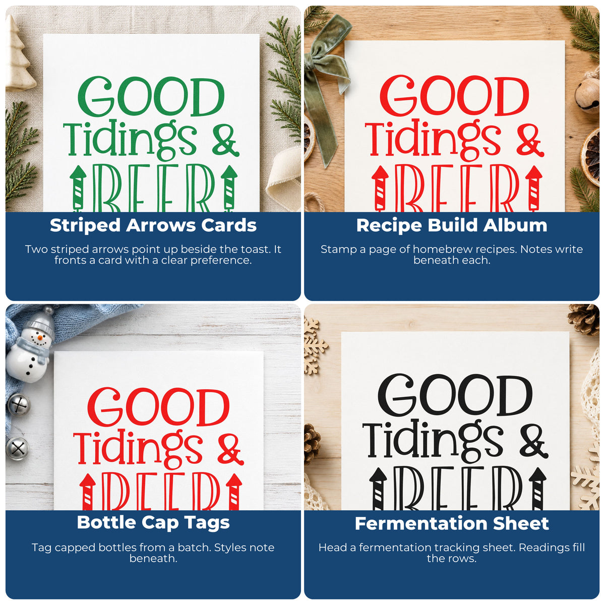 Four ways to use the Good Tidings & Beer Arrow Stamp – Self-Inking: striped arrows cards, recipe build album, bottle cap tags and fermentation sheet.