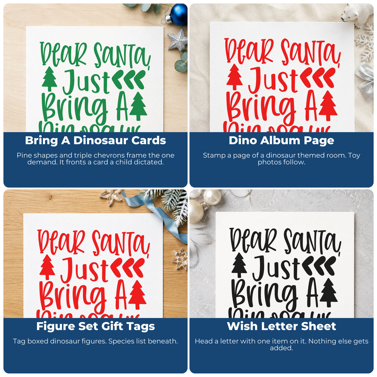 Four ways to use the Duo Hand Dear Santa Just Bring A Dinosaur Rubber Stamp: bring a dinosaur cards, dino album page, figure set gift tags and wish letter sheet.