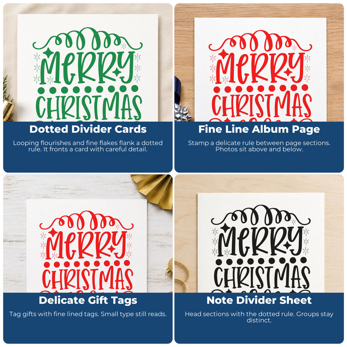 Four ways to use the Merry Christmas Loop Borders Rubber Stamp – Duo Hand: dotted divider cards, fine line album page, delicate gift tags and note divider sheet.