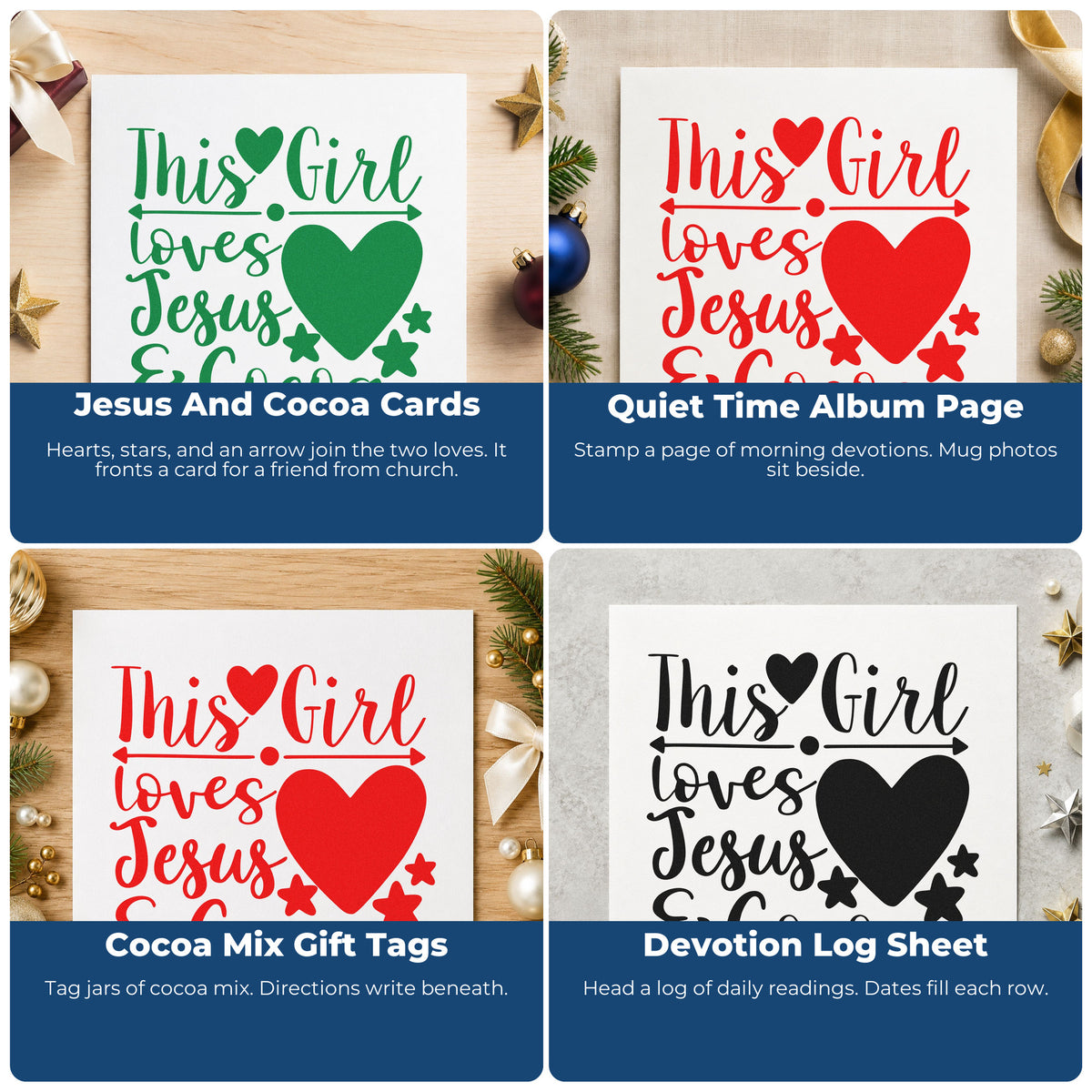 Four ways to use the Girl Loves Jesus And Cocoa Stamp – Self-Inking: jesus and cocoa cards, quiet time album page, cocoa mix gift tags and devotion log sheet.