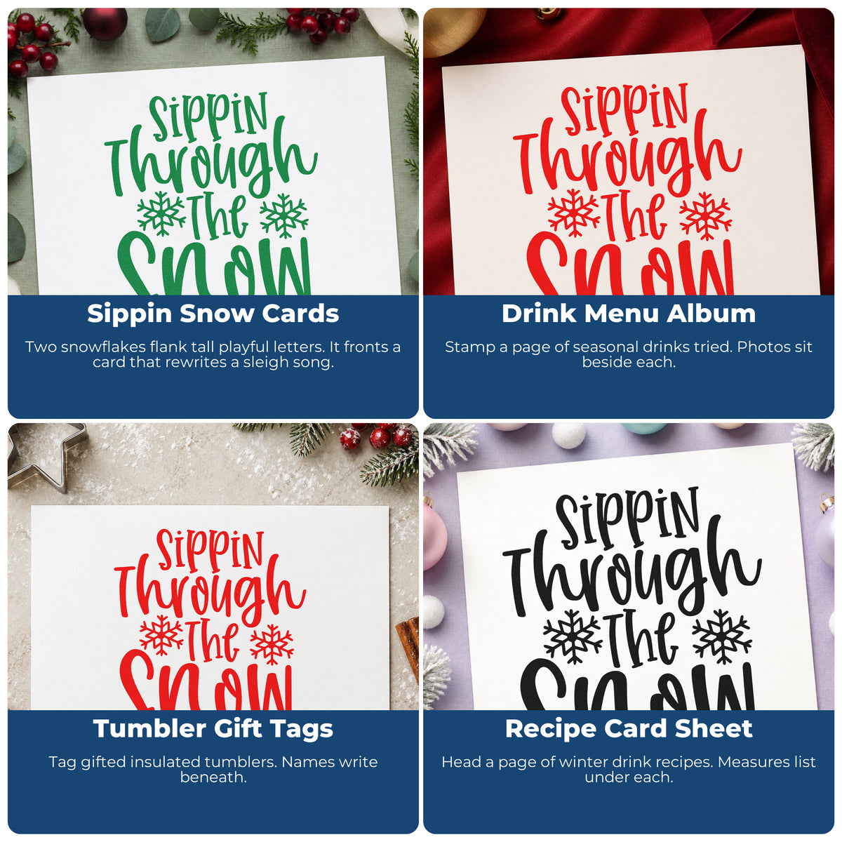 Four ways to use the Sippin Through The Snow Stamp – PSI Pre-Inked: sippin snow cards, drink menu album, tumbler gift tags and recipe card sheet.