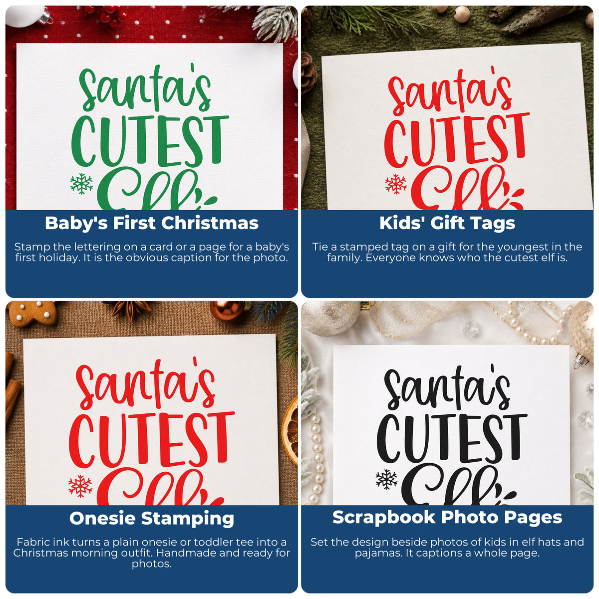 Four ways to use the Santa's Cutest Elf Lettering Slim Pre-Inked Stamp: baby's first christmas, kids' gift tags, onesie stamping and scrapbook photo pages.