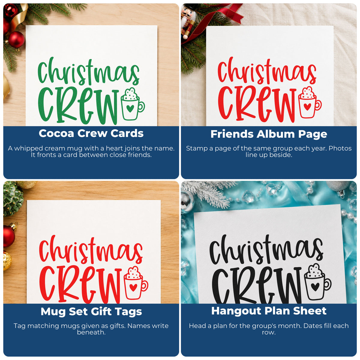 Four ways to use the Christmas Crew Cocoa Mug With Hearts Slim Pre-Inked Stamp: cocoa crew cards, friends album page, mug set gift tags and hangout plan sheet.