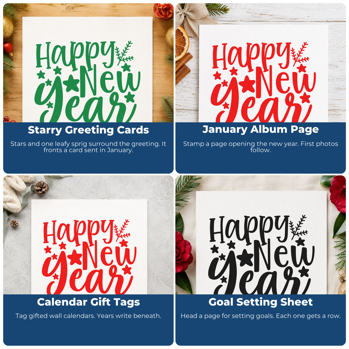 Four ways to use the Happy New Year Stars Stamp – Duo Hand: starry greeting cards, january album page, calendar gift tags and goal setting sheet.