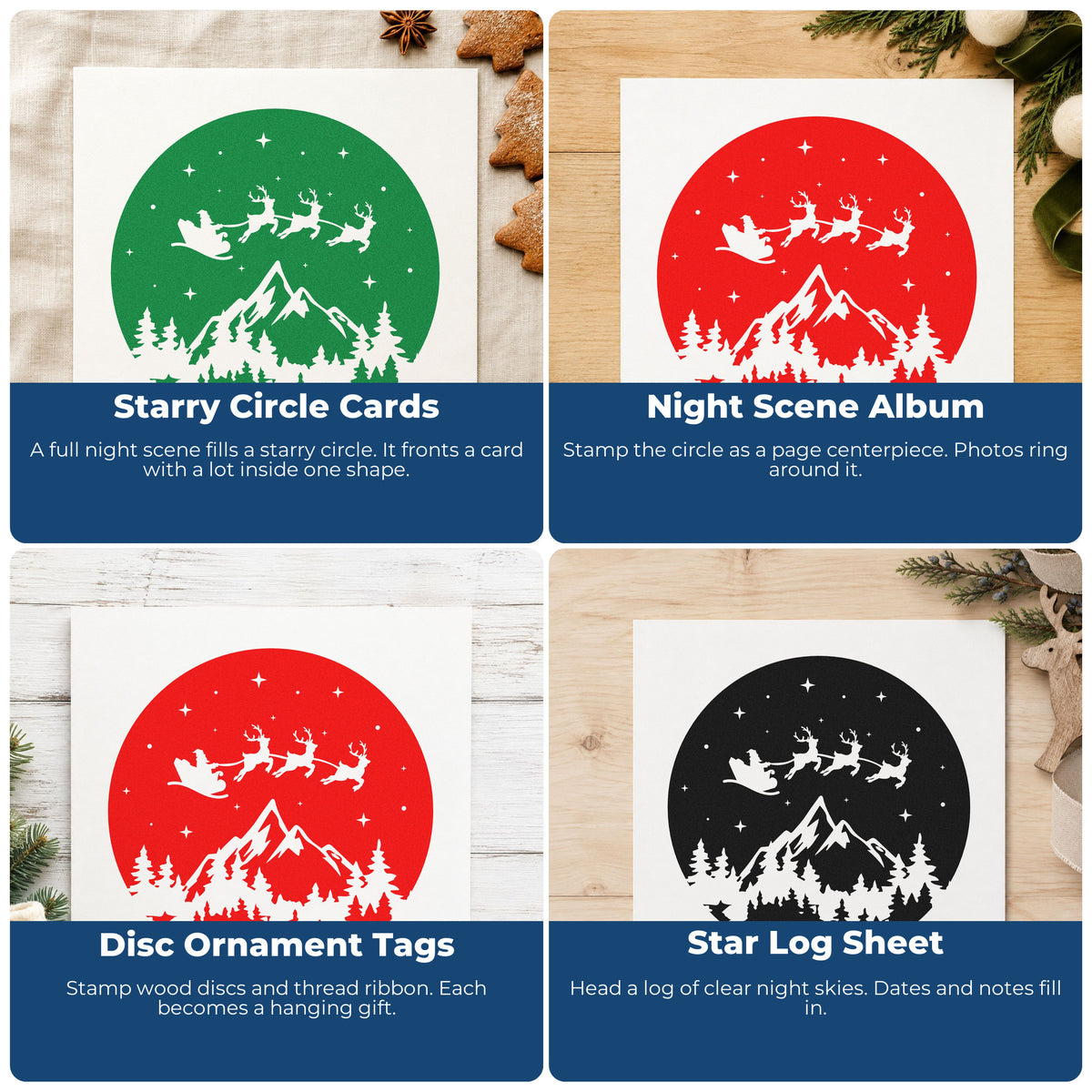 Four ways to use the Wood Handle Santa Reindeer Mountain Night Pine Motif Rubber Stamp: starry circle cards, night scene album, disc ornament tags and star log sheet.