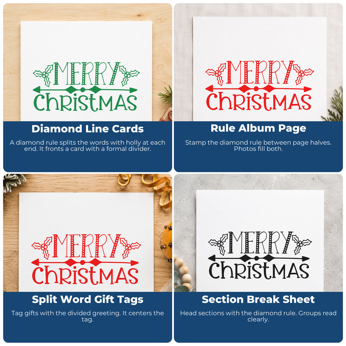 Christmas rubber stamps for custom gift wrap, holiday cards, advent calendars, and ornaments.