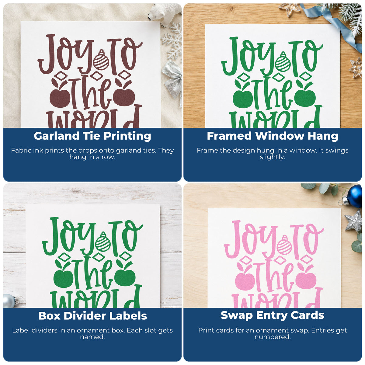 Four ways to use the Joy To The World Ornaments Wood Handle Stamp: garland tie printing, framed window hang, box divider labels and swap entry cards.
