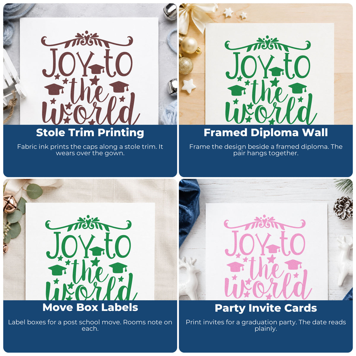 Four ways to use the Joy To The World Flourishes Compact Pre-Inked Stamp – Slim: stole trim printing, framed diploma wall, move box labels and party invite cards.