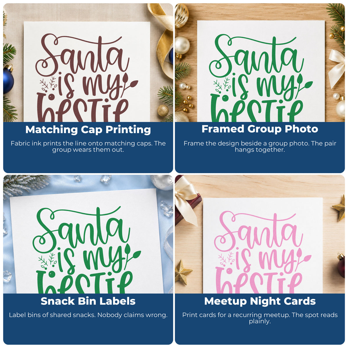 Christmas rubber stamp ideas for envelopes, cookie labels, scrapbooks, and DIY candles with festive lettering and icons.
