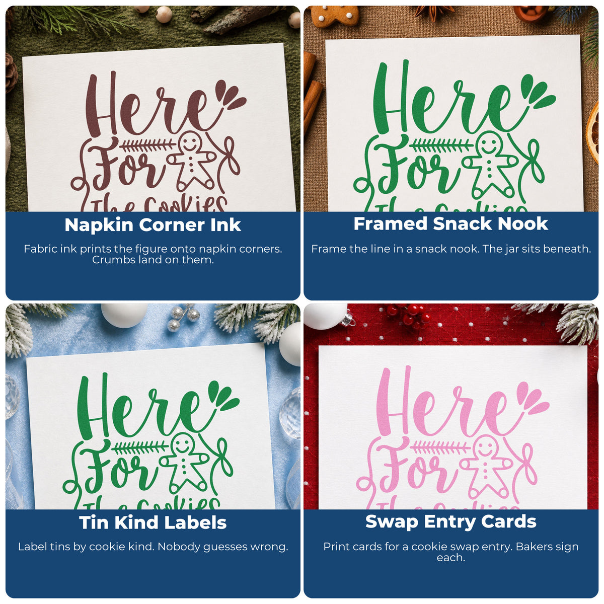 Four ways to use the Here For The Cookies Self-Inking Stamp: napkin corner ink, framed snack nook, tin kind labels and swap entry cards.