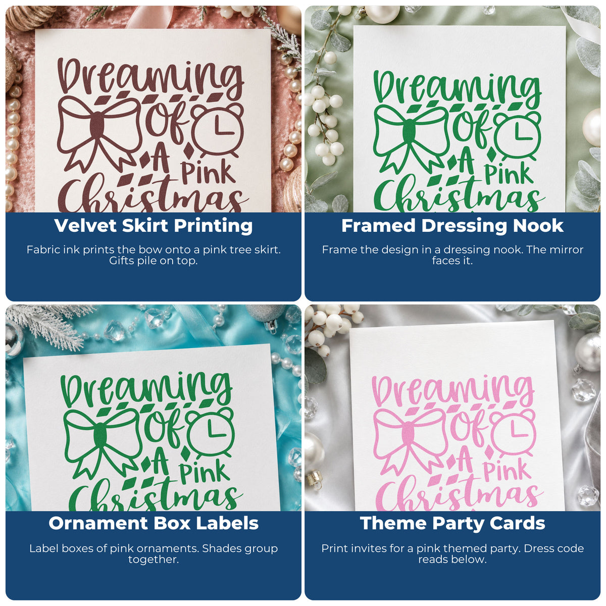 Four ways to use the Dreaming Of A Pink Christmas Self-Inking Craft Stamp: velvet skirt printing, framed dressing nook, ornament box labels and theme party cards.