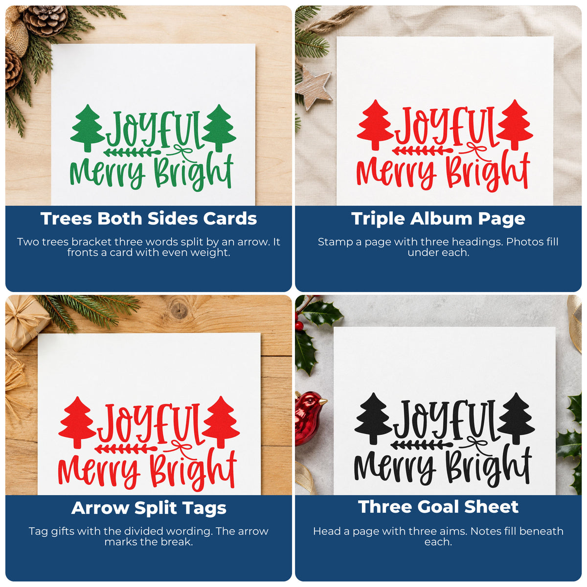 Four ways to use the Joyful Merry Bright Trees Self-Inking Stamp: trees both sides cards, triple album page, arrow split tags and three goal sheet.