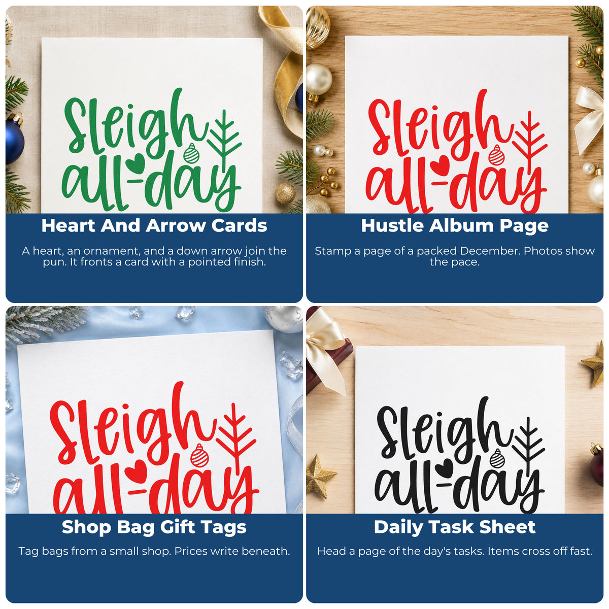 Four ways to use the Sleigh All Day Arrow Ornaments Rubber Stamp – Duo Hand: heart and arrow cards, hustle album page, shop bag gift tags and daily task sheet.