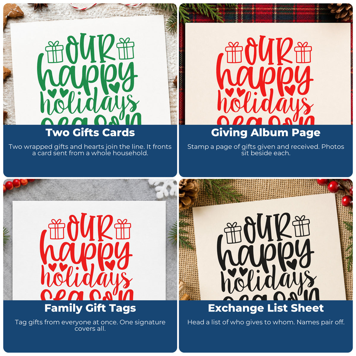 Four ways to use the Our Happy Holidays Season Gift Box Slim Pre-Inked Stamp: two gifts cards, giving album page, family gift tags and exchange list sheet.