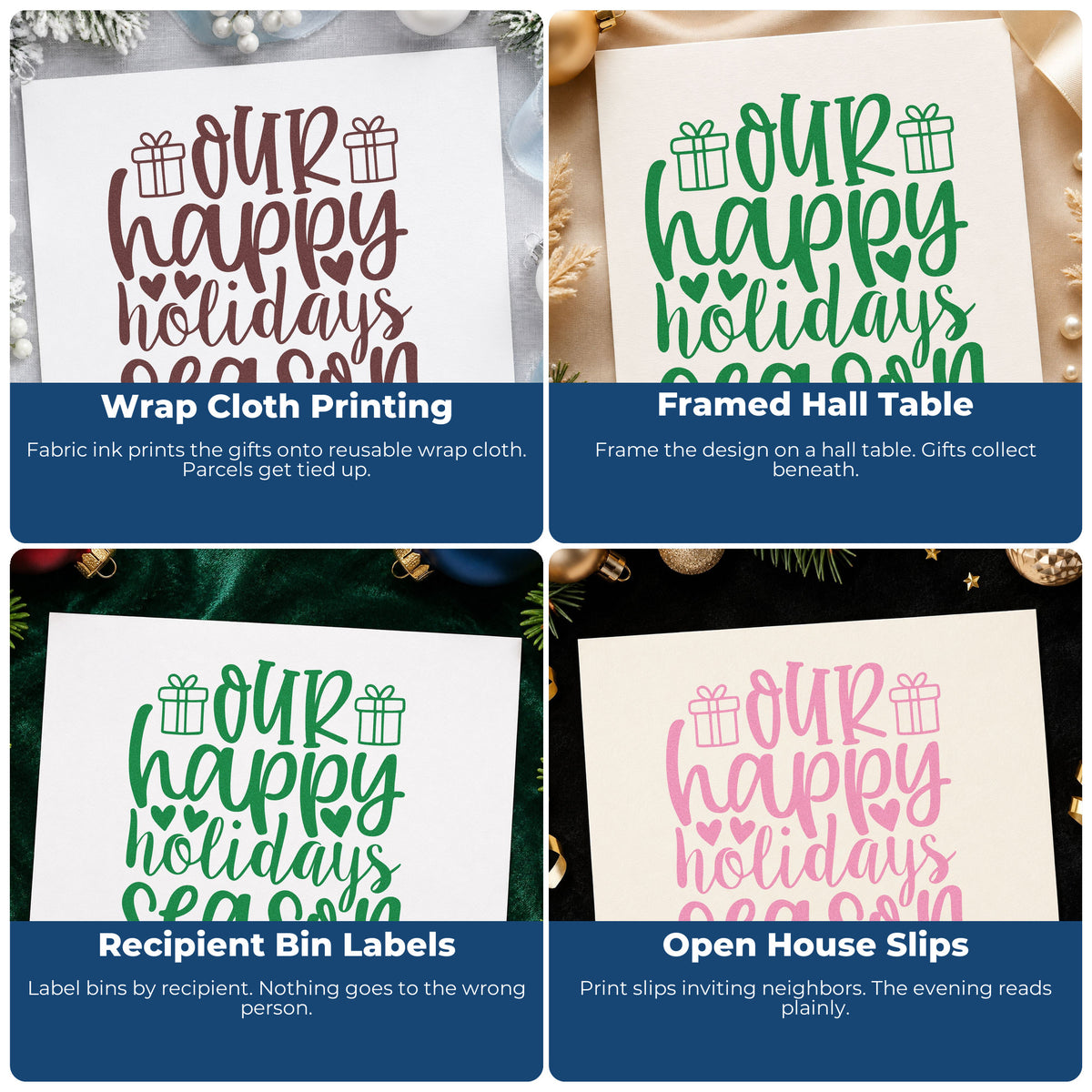 Four ways to use the Our Happy Holidays Season Gift Box Self-Inking Stamp: wrap cloth printing, framed hall table, recipient bin labels and open house slips.