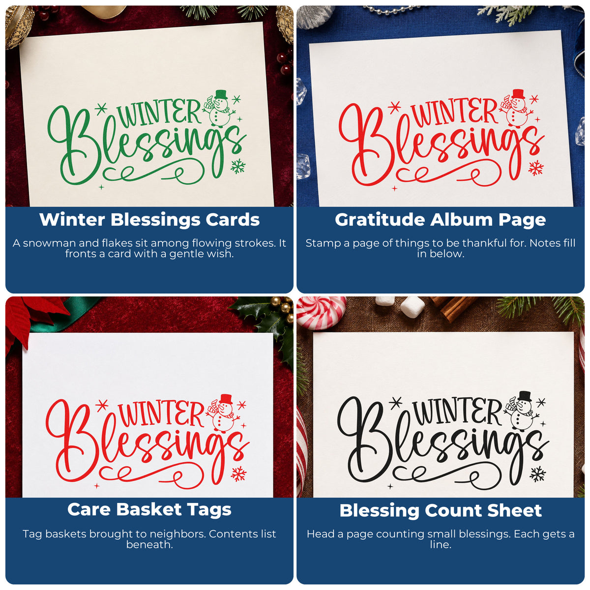Four ways to use the Winter Blessings Snowman Flourish Slim Pre-Inked Stamp: winter blessings cards, gratitude album page, care basket tags and blessing count sheet.