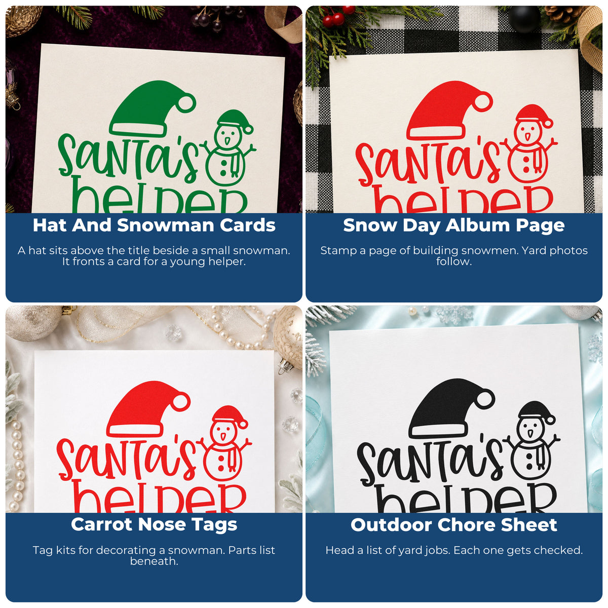 Christmas rubber stamp ideas for gift wrap, holiday cards, advent calendars, and ornaments with festive quote and icon designs.