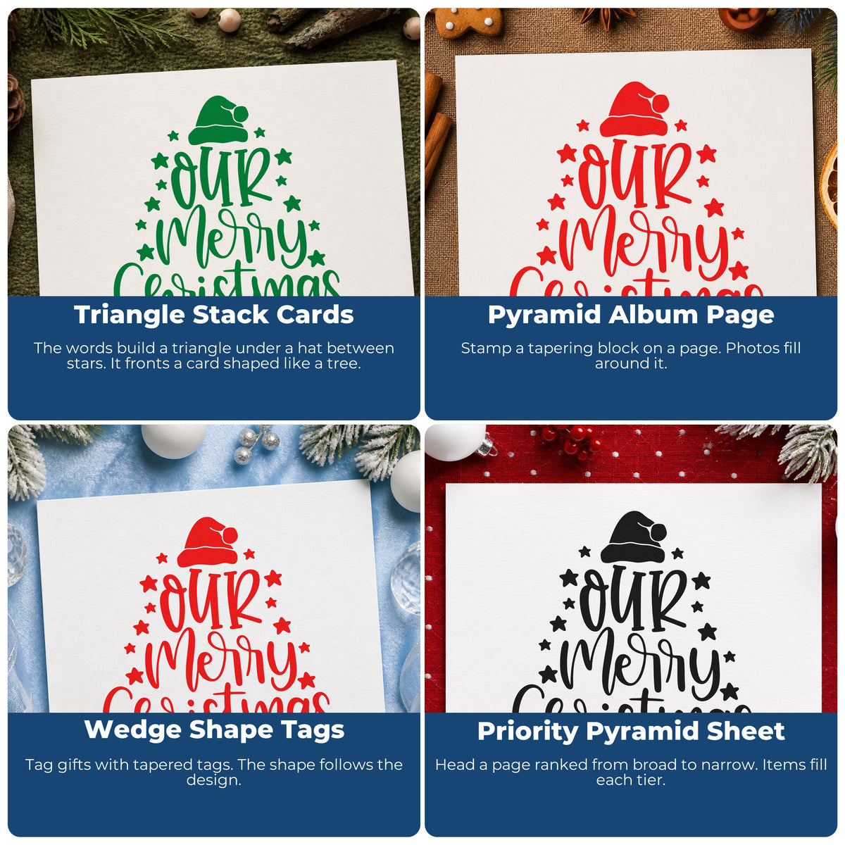 Holiday rubber stamp design ideas for wrapping paper, greeting cards, advent calendars, and Christmas ornaments.
