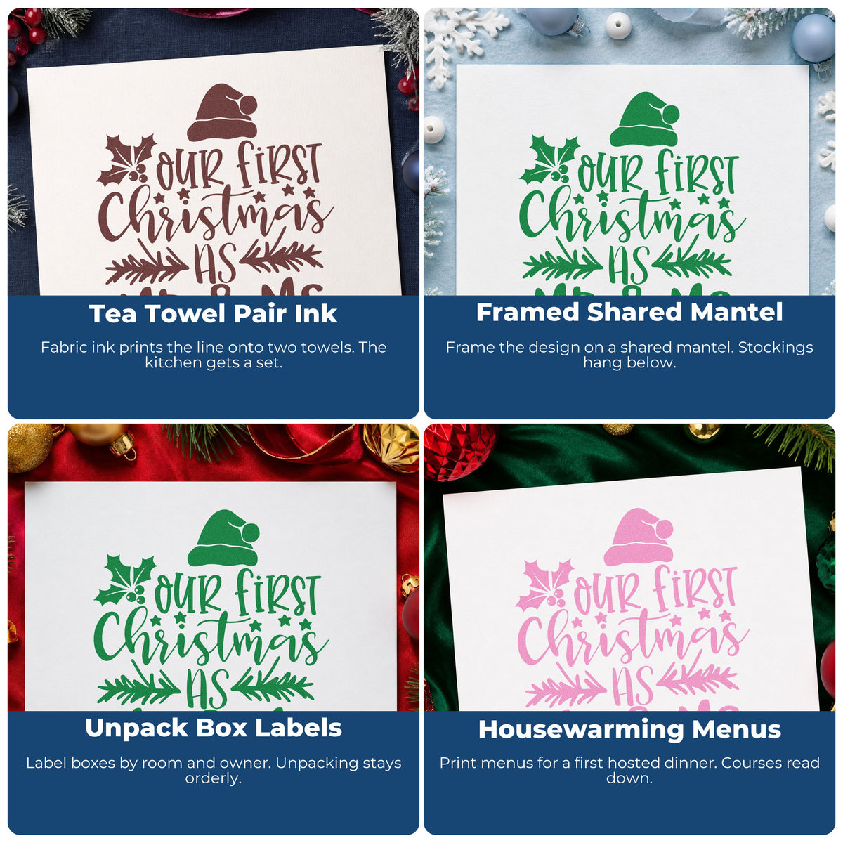 Four ways to use the Our First Christmas As Mr & Ms Pre-Inked Stamp – Slim: tea towel pair ink, framed shared mantel, unpack box labels and housewarming menus.