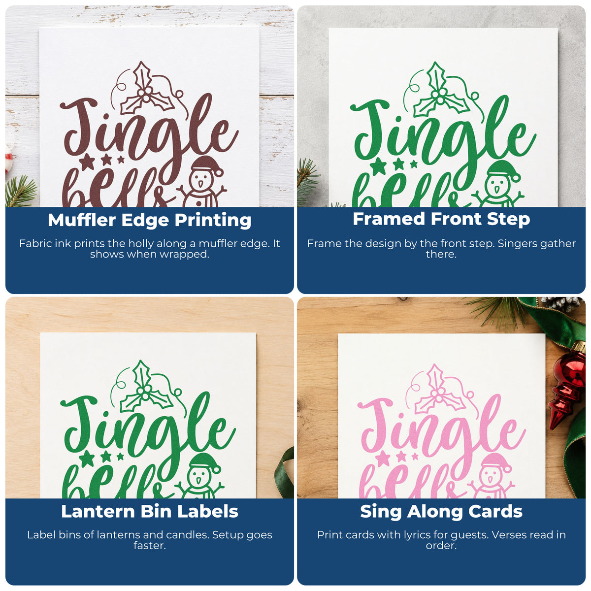 Four ways to use the Jingle Bells Holly Snowman Stamp – PSI Pre-Inked: muffler edge printing, framed front step, lantern bin labels and sing along cards.