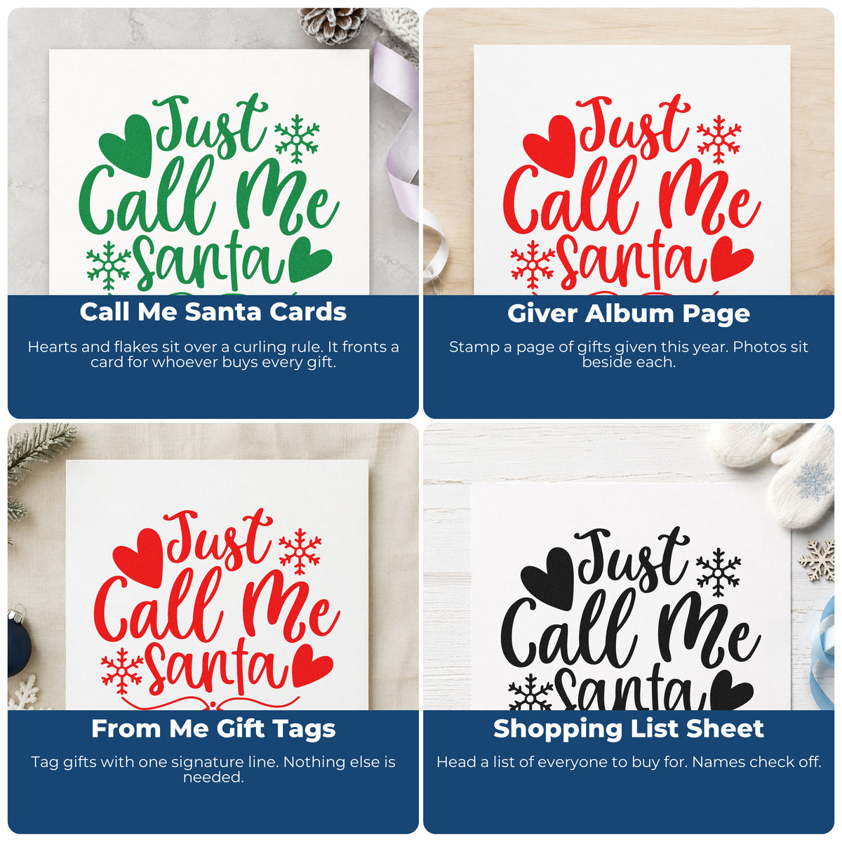 Four ways to use the Slim Pre-Inked Just Call Me Santa Stamp: call me santa cards, giver album page, from me gift tags and shopping list sheet.