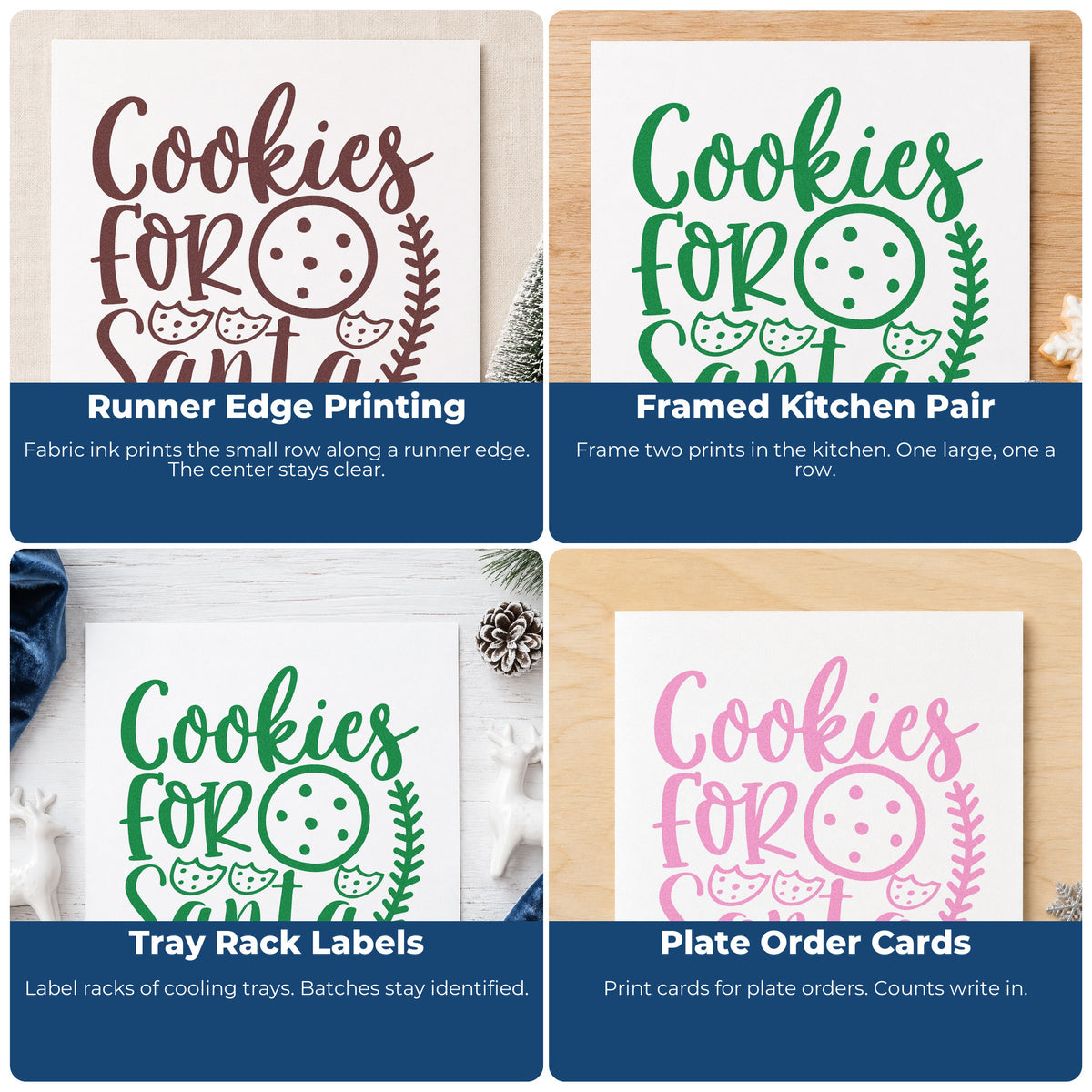 Four ways to use the Cookies For Santa Cookie Row Botanical Sprig Pre-Inked Stamp – Slim: runner edge printing, framed kitchen pair, tray rack labels and plate order cards.