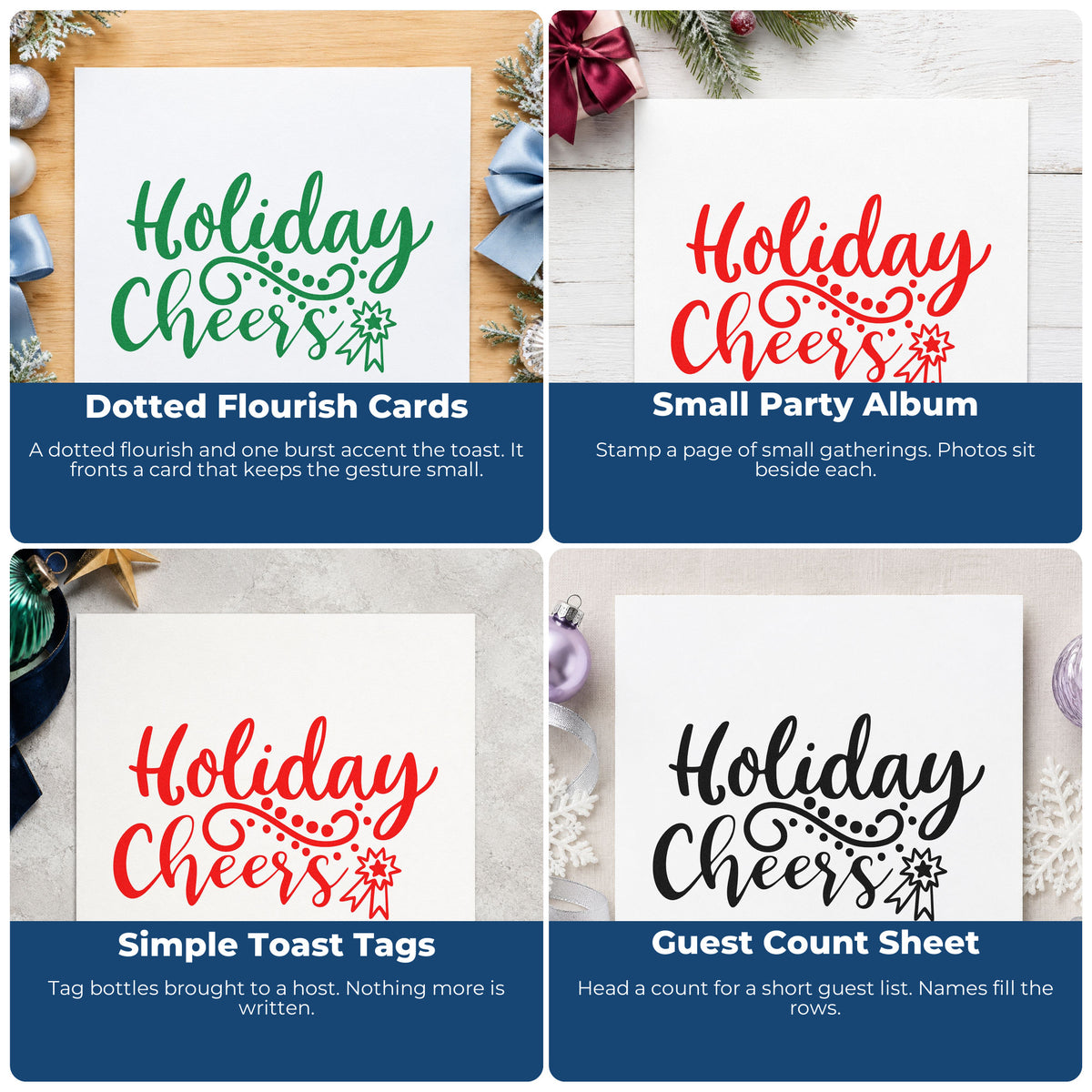 Four ways to use the Self-Inking Holiday Cheers Starburst Flourish Stamp: dotted flourish cards, small party album, simple toast tags and guest count sheet.