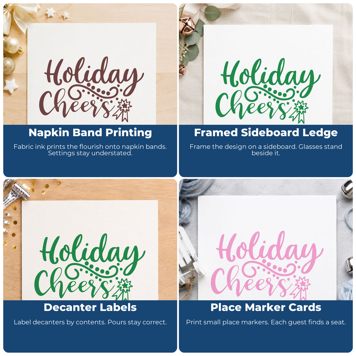 Four ways to use the Holiday Cheers Starburst Flourish Rubber Stamp – Wood Handle: napkin band printing, framed sideboard ledge, decanter labels and place marker cards.