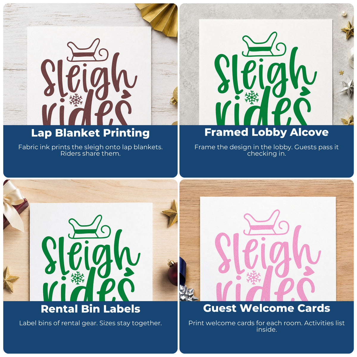 Four ways to use the Sleigh Rides With Snowflake Stamp – PSI Pre-Inked: lap blanket printing, framed lobby alcove, rental bin labels and guest welcome cards.