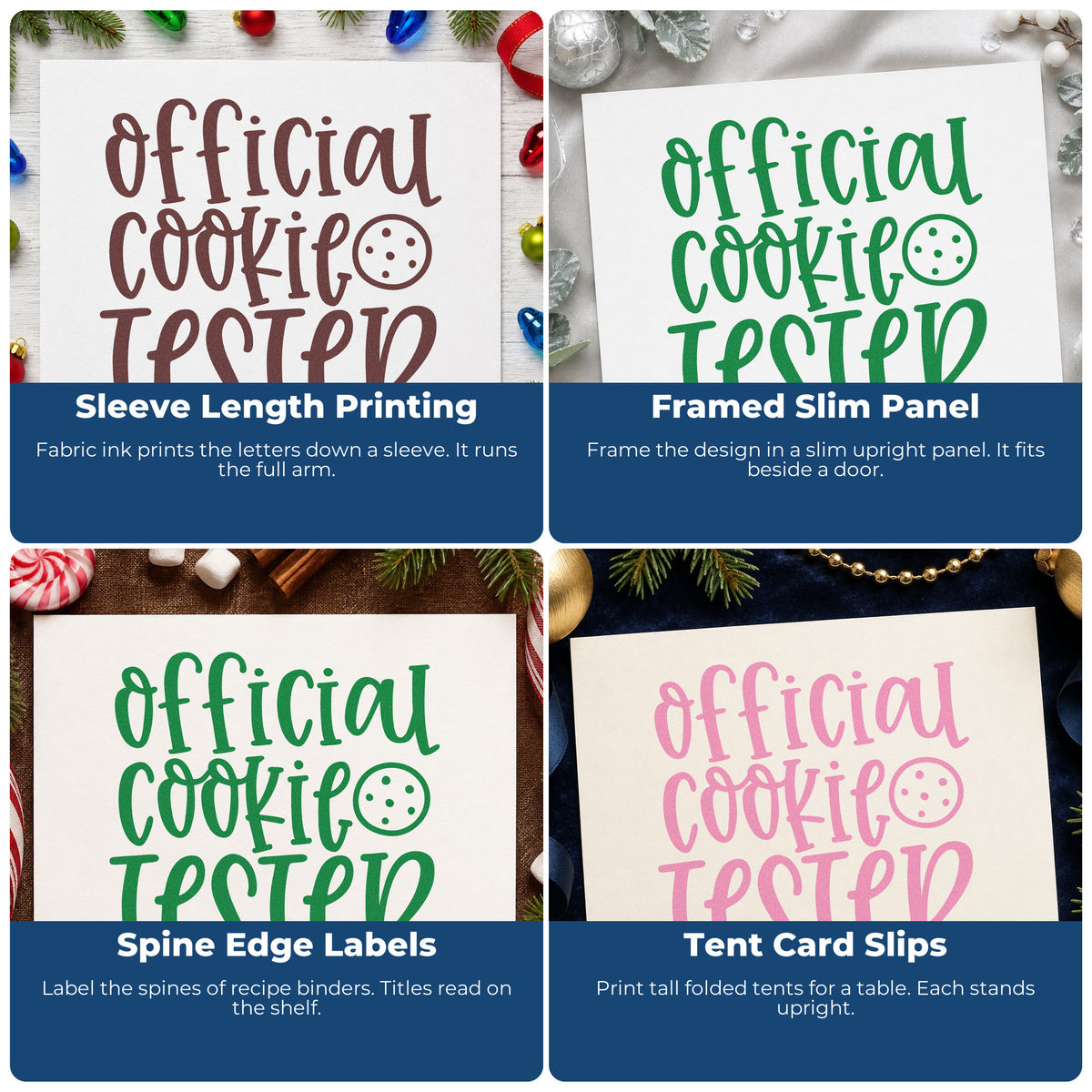 Four ways to use the Official Cookie Tester With Round Cookie Stamp - Premium Vintage Pro Wooden: sleeve length printing, framed slim panel, spine edge labels and tent card slips.