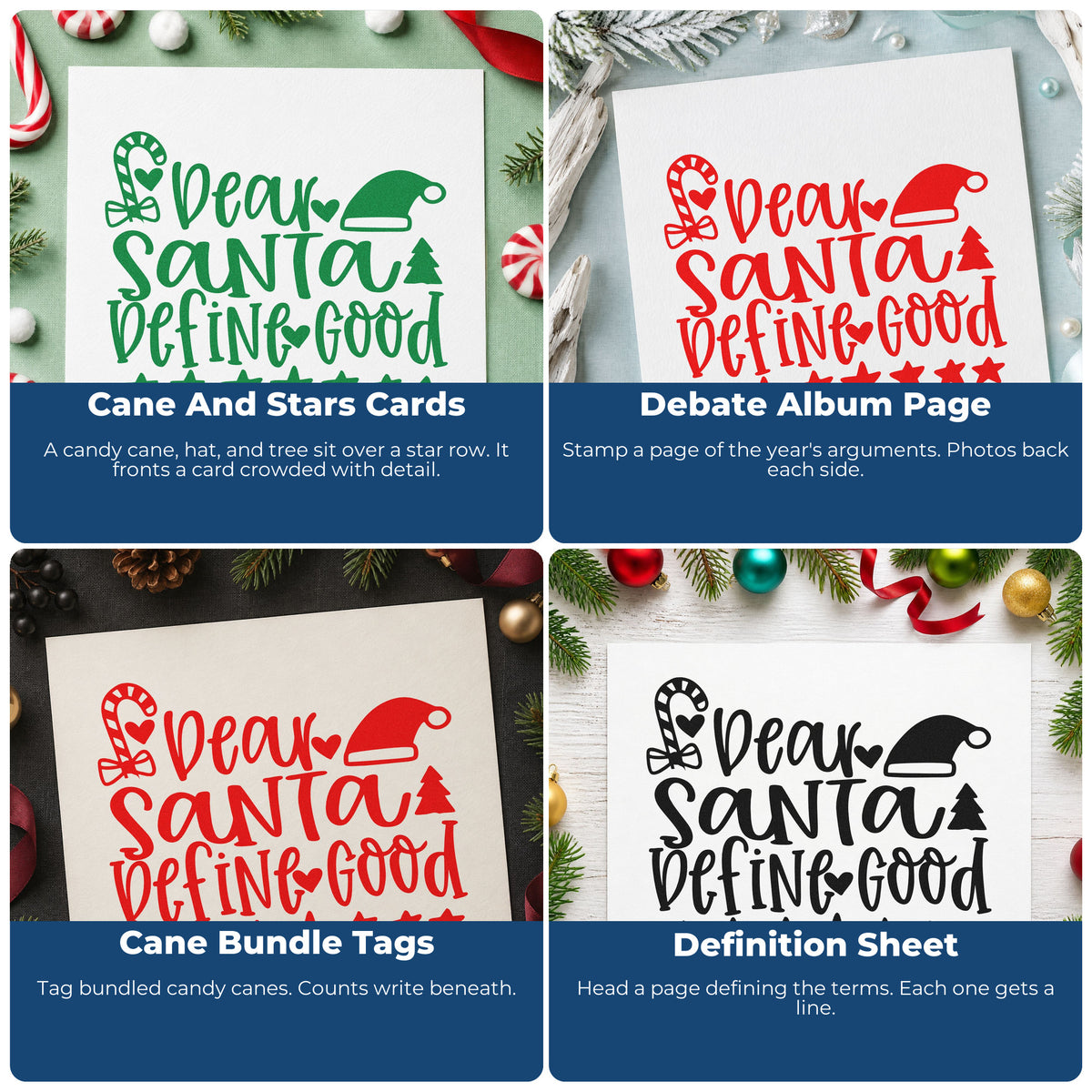 Four ways to use the Dear Santa Define Good Candy Cane Hand Stamp – Duo: cane and stars cards, debate album page, cane bundle tags and definition sheet.