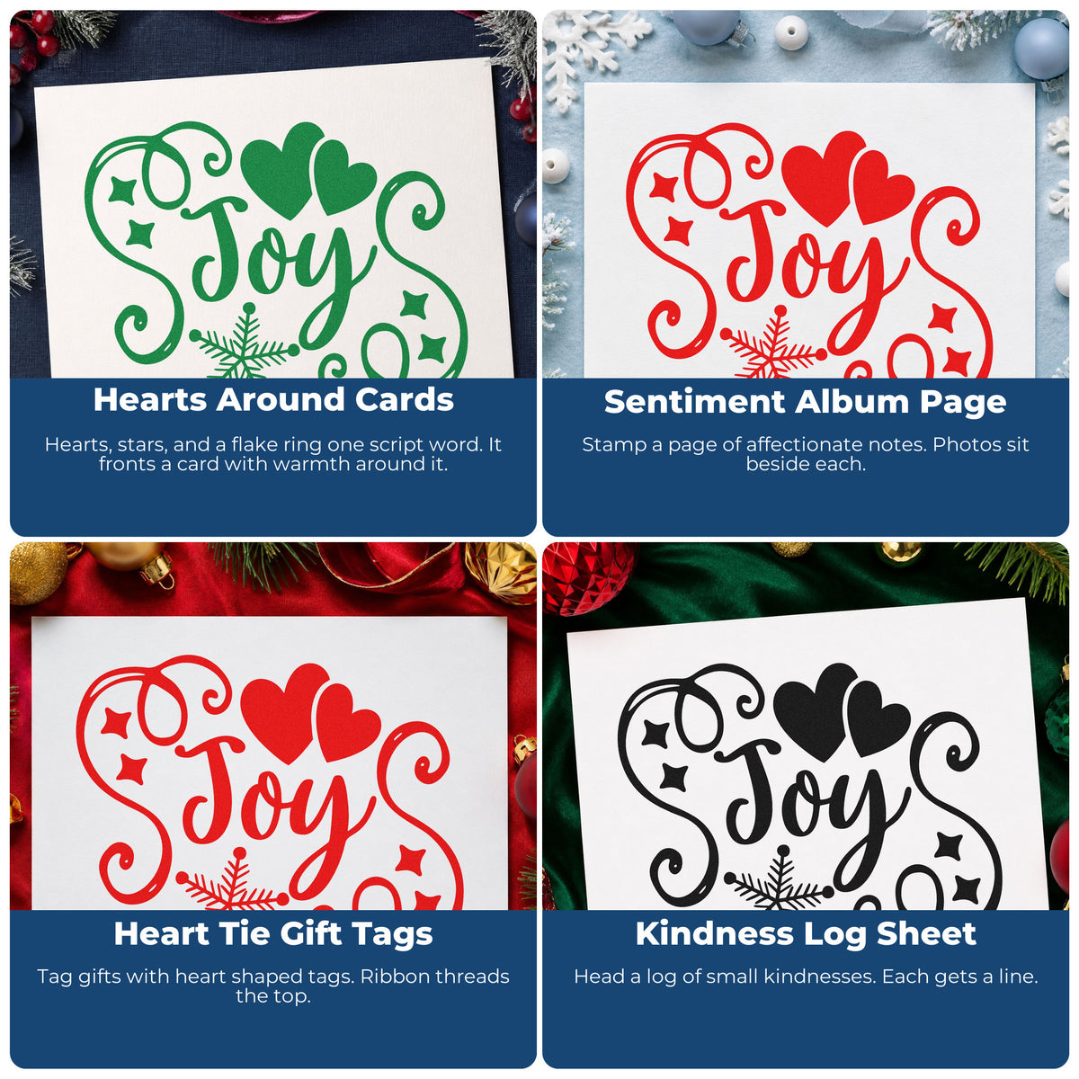Four ways to use the Joy Hearts Snowflake Flourished Lettering Stamp – Self-Inking: hearts around cards, sentiment album page, heart tie gift tags and kindness log sheet.
