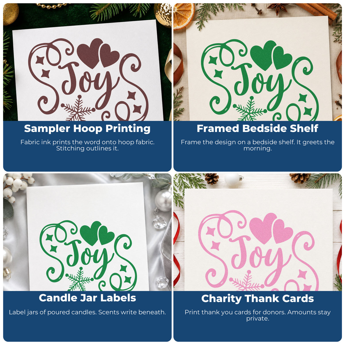 Four ways to use the Joy Hearts Snowflake Flourished Lettering Stamp – Self-Inking: sampler hoop printing, framed bedside shelf, candle jar labels and charity thank cards.
