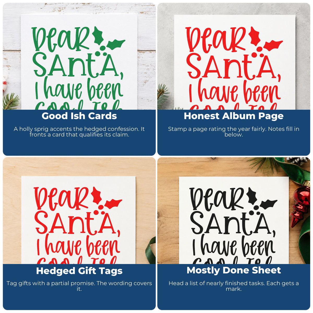 Custom rubber stamp ideas for Christmas wrapping paper, greeting cards, advent calendars, and holiday ornaments.